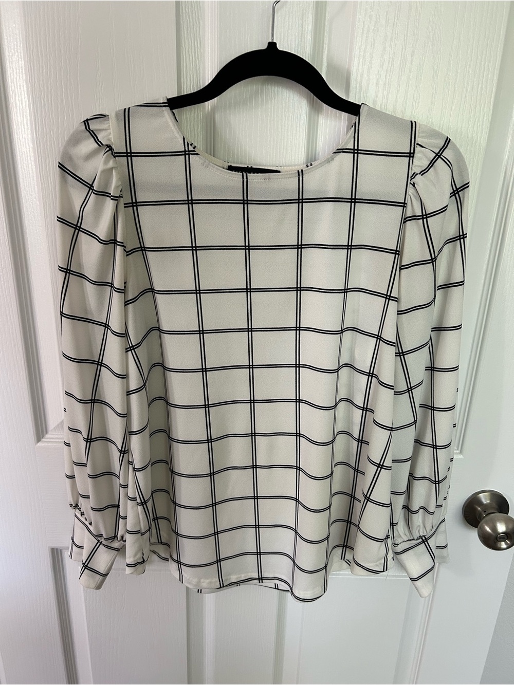 Windowpane Check Long-Sleeve Blouse - White/Black